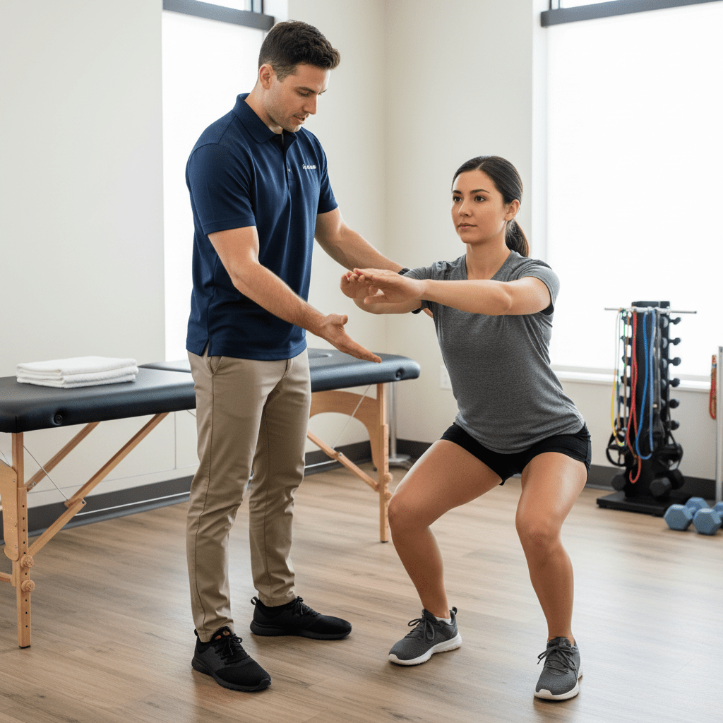 Physical therapist performing movement assessment with active adult patient in Raleigh physical therapy clinic