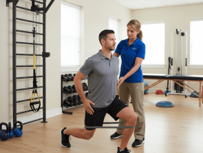 Physical therapist performing movement assessment with active adult patient in Raleigh physical therapy clinic