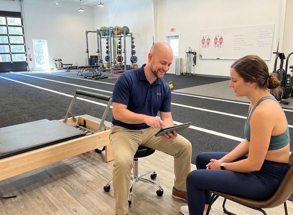  Patient working with a provider at a performance physical therapy clinic in Raleigh